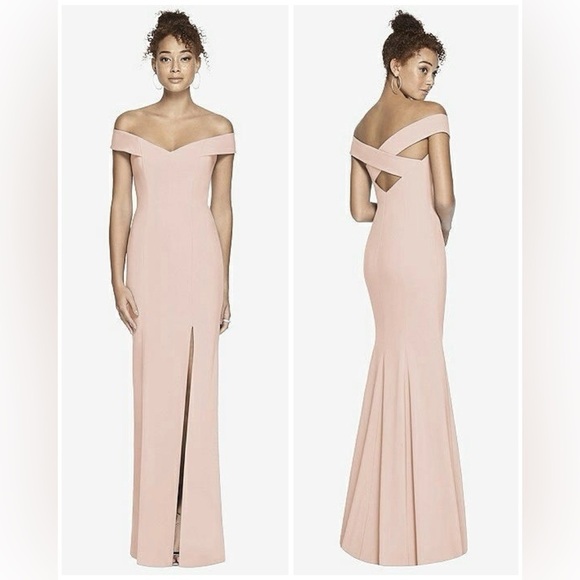 NWT Dessy Collection Off-the-Shoulder Criss Cross Back Trumpet in Cameo, Size 2R - Picture 1 of 16
